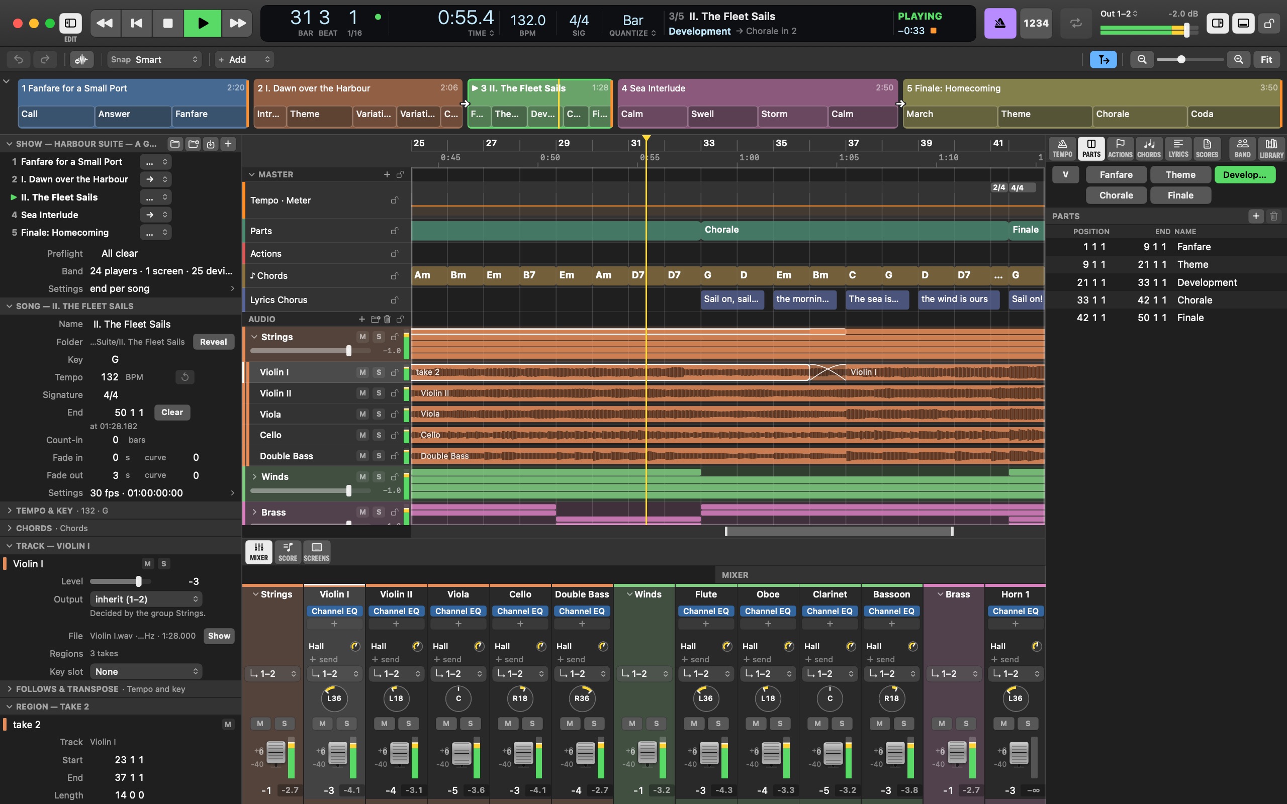 The Mac's window on an orchestral show: the setlist strip, the inspectors, the arrange with parts, chords and lyrics over the strings' stems, the Mixer below, the Parts list