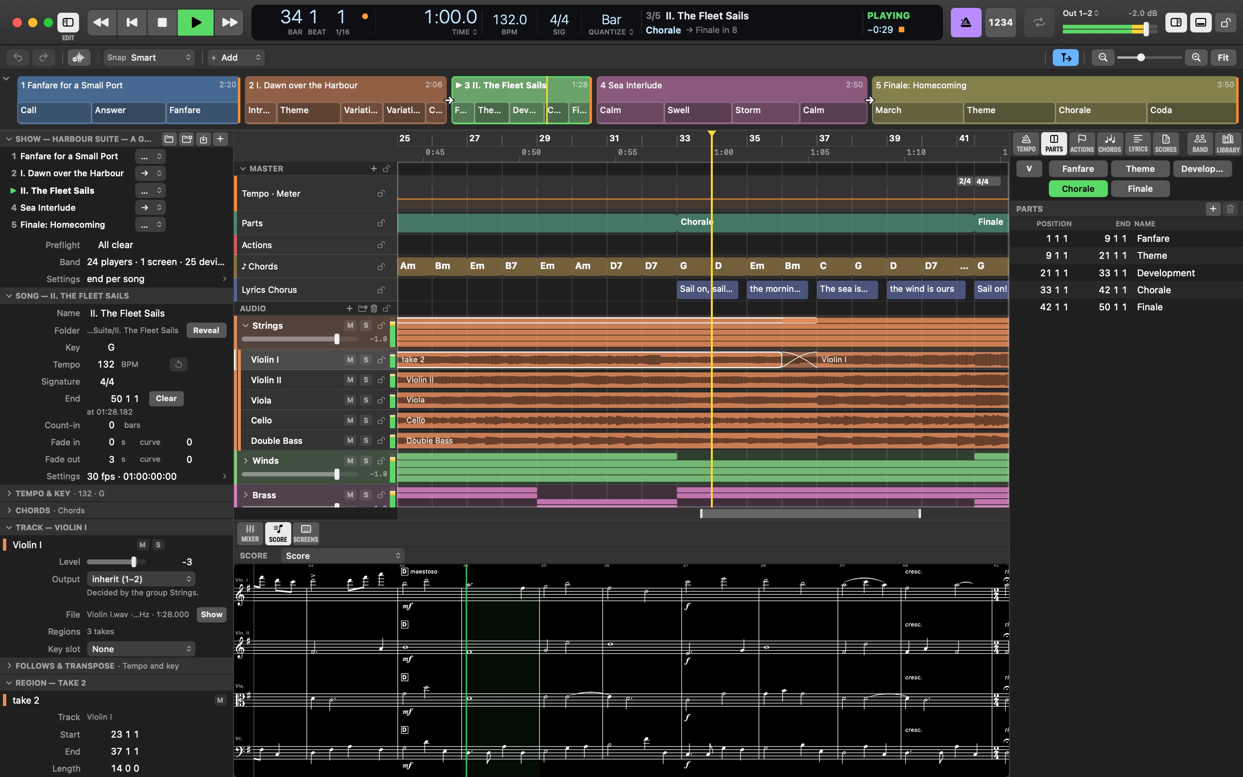 The Mac's window on the orchestra: the arrange over the strings' stems and, below it, the Score pane with the four string parts, the bar playing shaded
