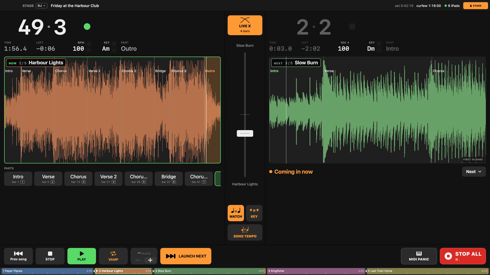 The DJ stage page: two decks, the crossfade fader between them, Match tempo and Match key