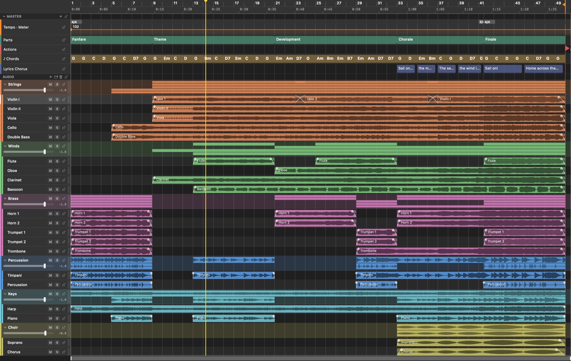 The arrange on an orchestral show: parts, actions, chords and lyrics lanes over the groups of stems, every entrance its own region, a crossfade between two takes