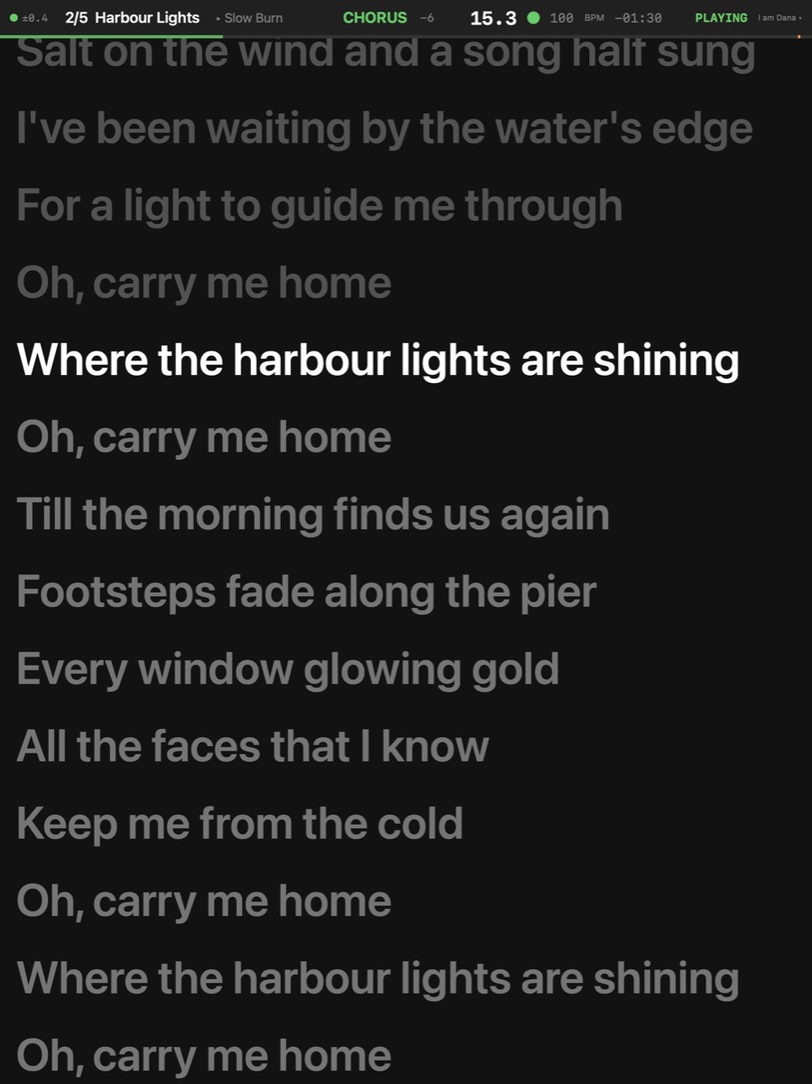 The singer's iPad: the lyric prompter, the line being sung lit, the lines around it dimmed