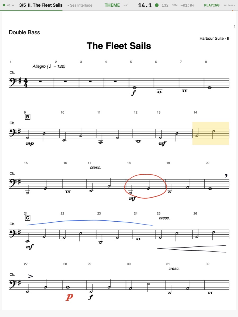 A double bassist's iPad: the printed part with their own Pencil marks — a ring, a crescendo, a phrase, a breath