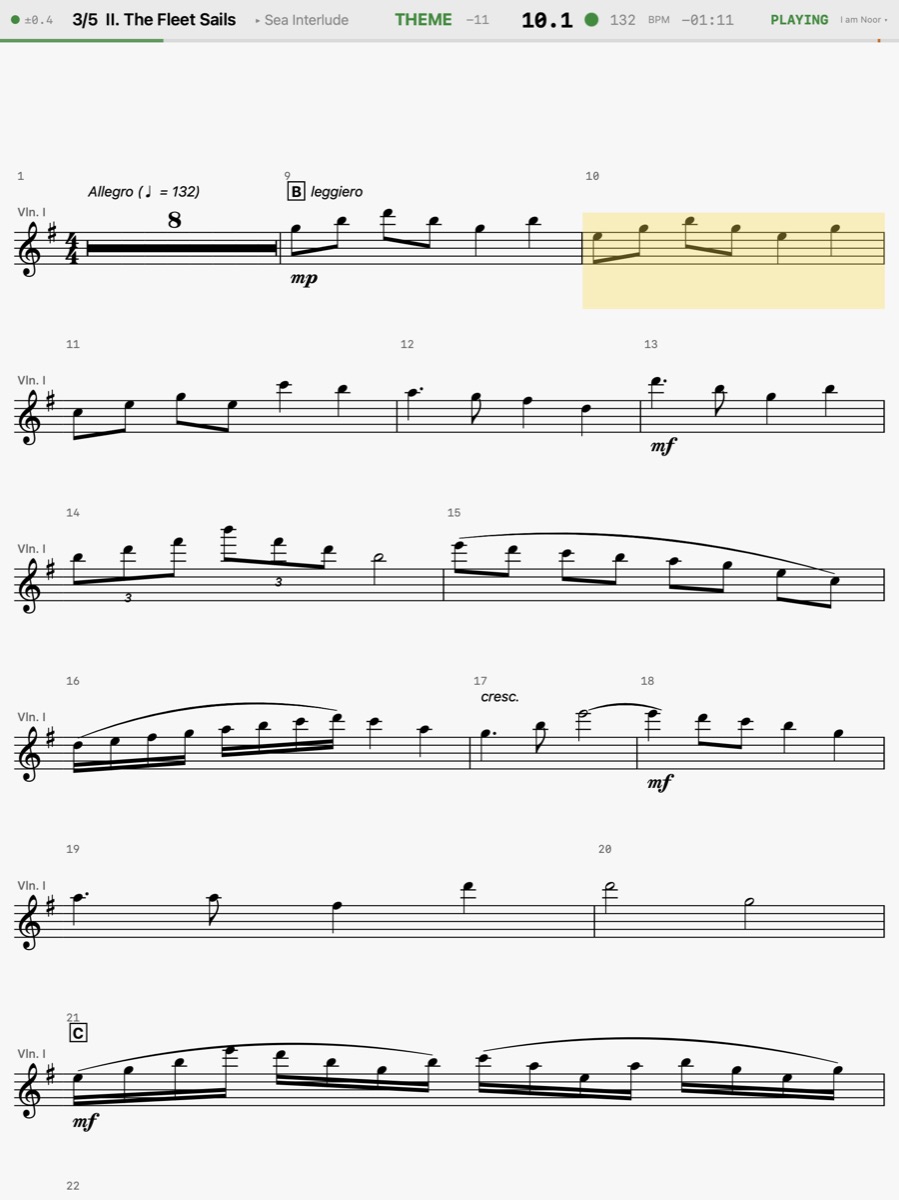 A MusicXML part on an iPad, the bar playing shaded