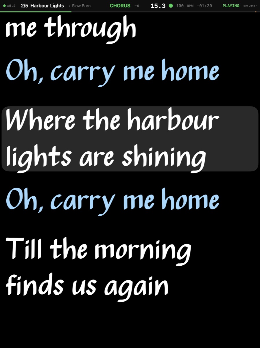 A singer's iPad: the prompter in the Real Book face, the harmony lines in blue, pinched to twice the size