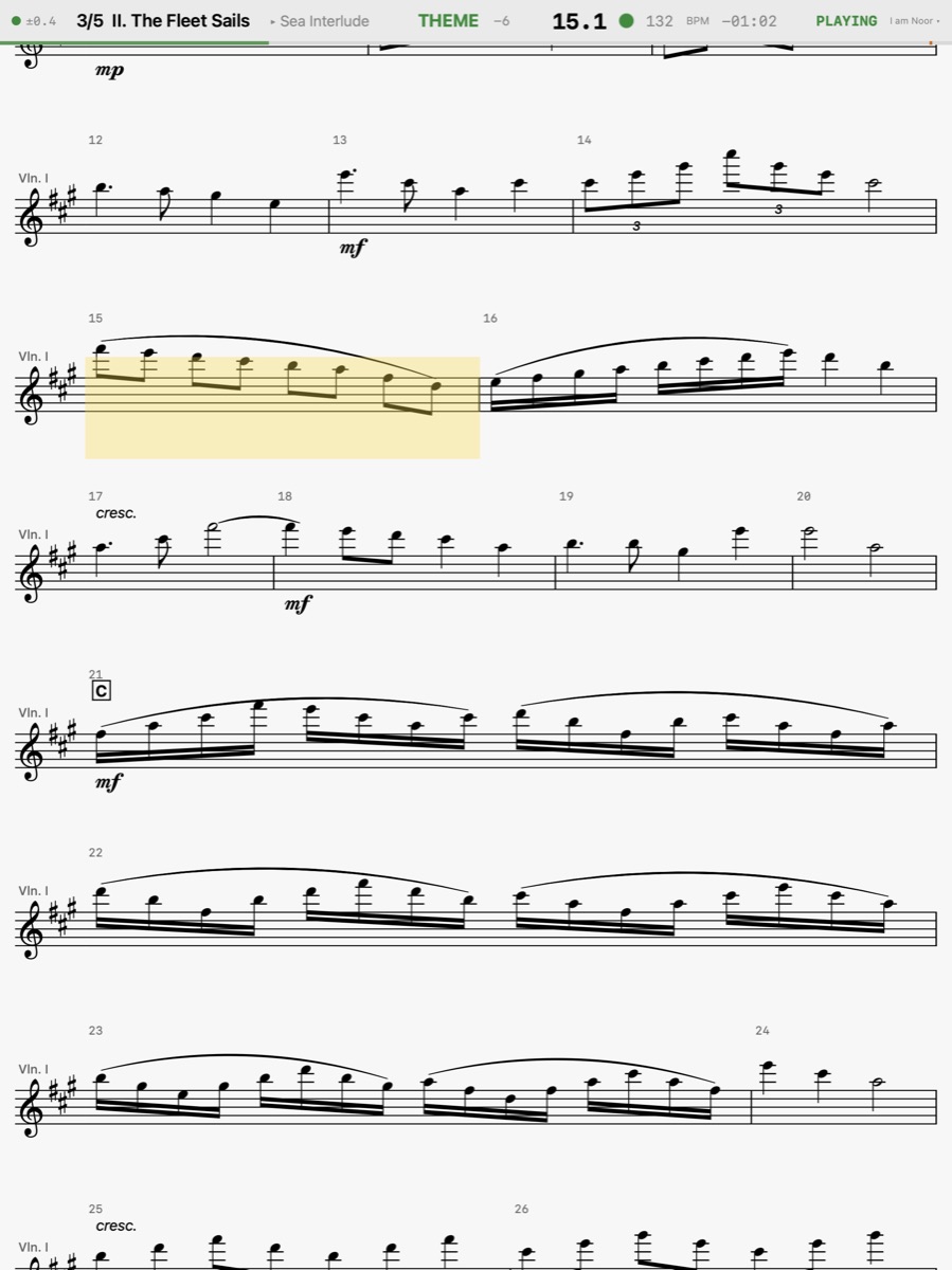 A violinist's iPad: the MusicXML part scrolling, the song a tone up and the part re-spelled for it