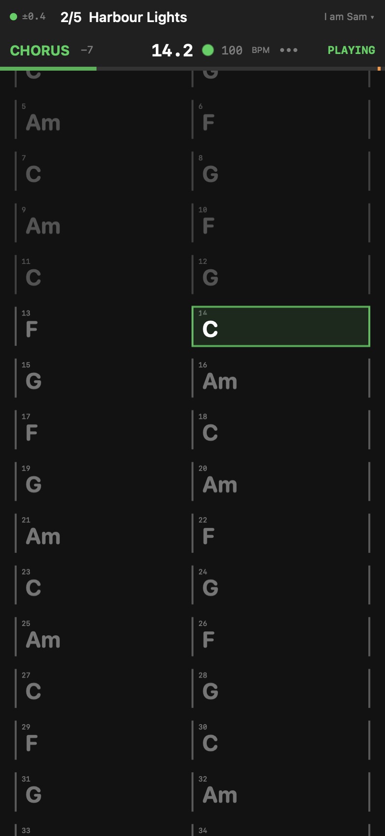 The guitarist's chord chart on an iPhone: two bars a row under a two-row band