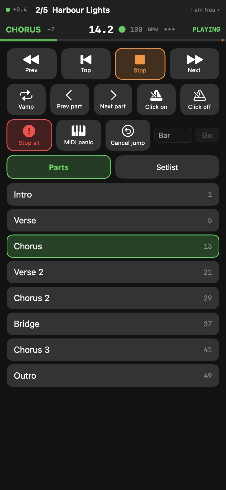 The band leader's remote on an iPhone: transport, parts and setlist