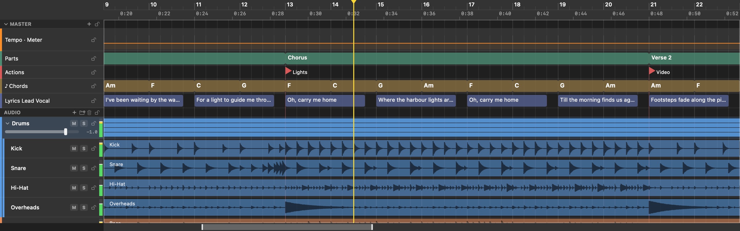 The master tracks of Harbour Lights, bars 9 to 22: the tempo, the parts (the Verse into the Chorus into Verse 2), the actions (a program change to the lighting desk at the Chorus, a video cue at Verse 2), a chord a bar, the lead vocal's lines — over the drums