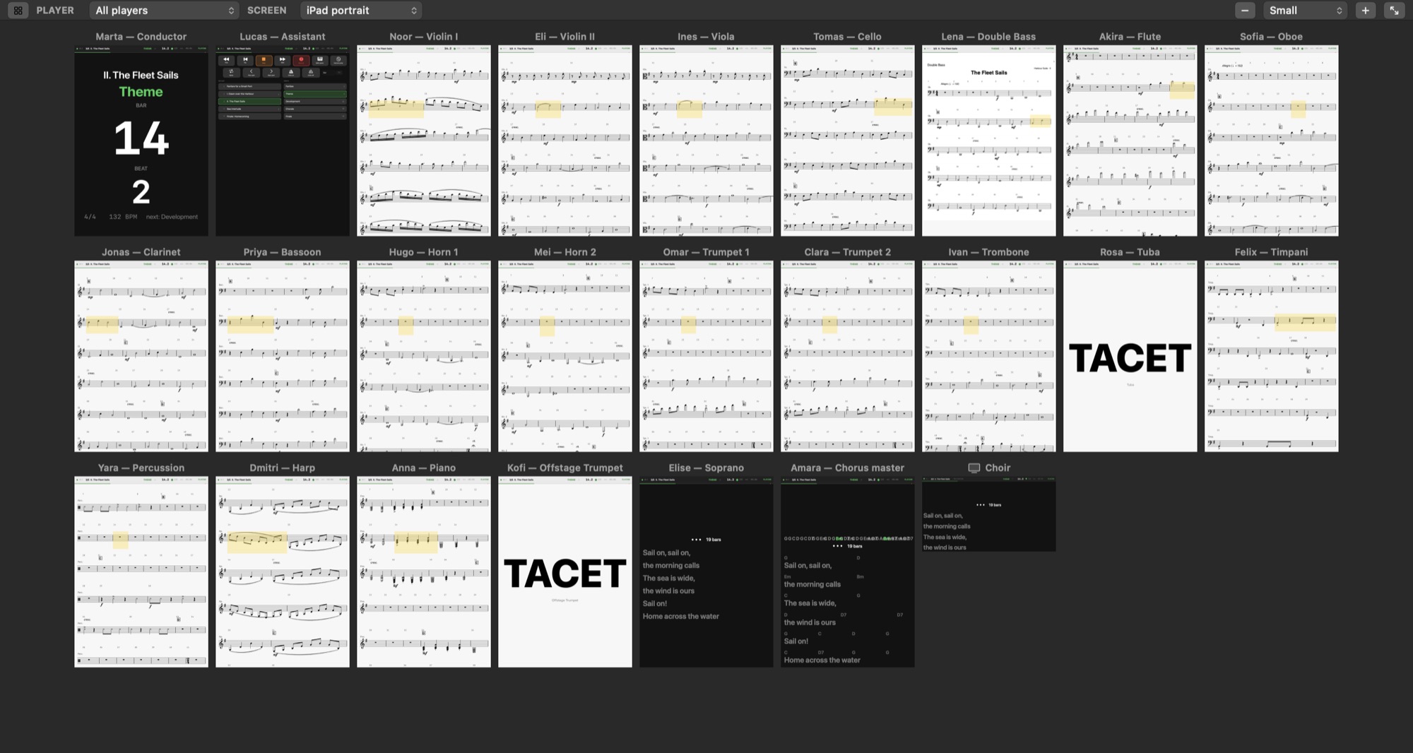 The Screens pane: twenty-five players' iPads as their devices draw them, the conductor's bar and beat and the tuba's TACET among them, the choir's Apple TV